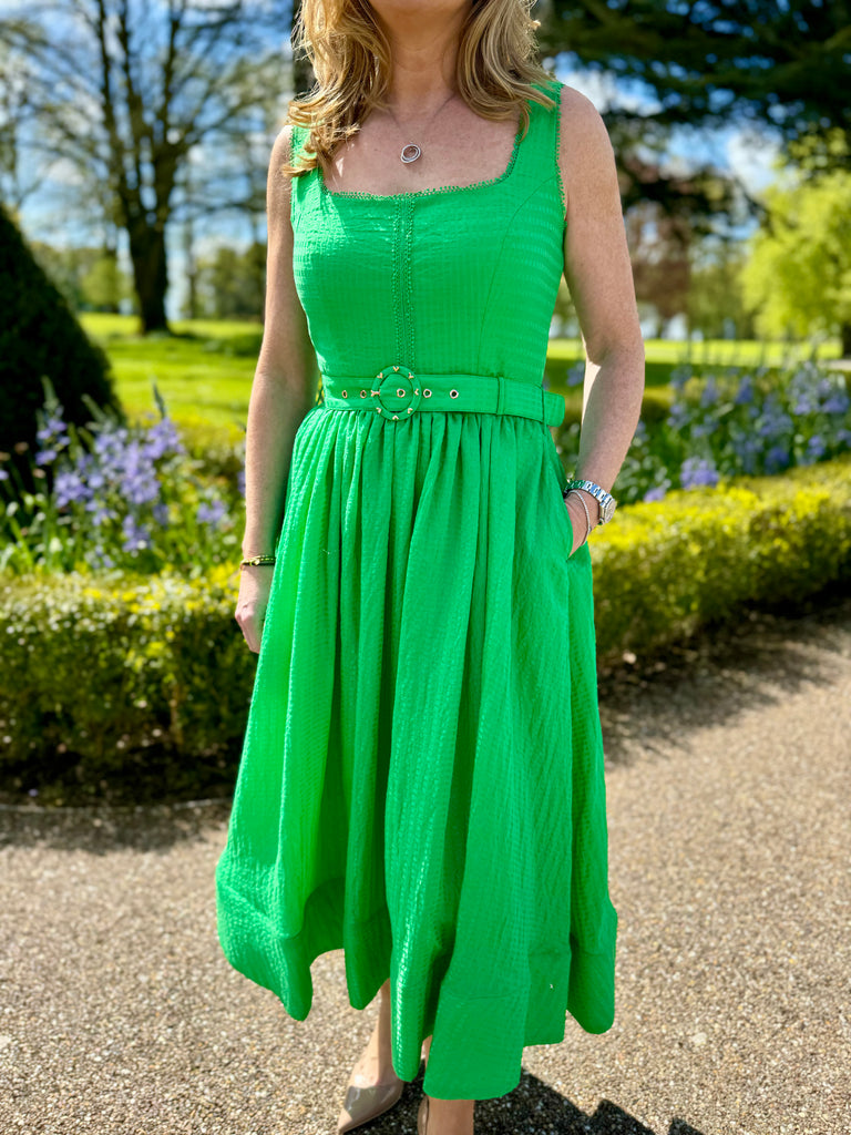 Fee G Amore Green Belted A-line Midi Dress 