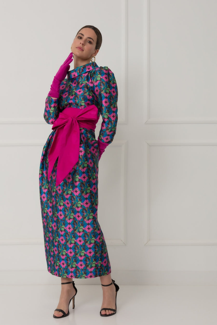 Matilde Cano Blue/Pink Floral Print Maxi Dress With Bow Waist