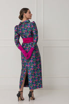 Matilde Cano Blue/Pink Floral Print Maxi Dress With Bow Waist From Back