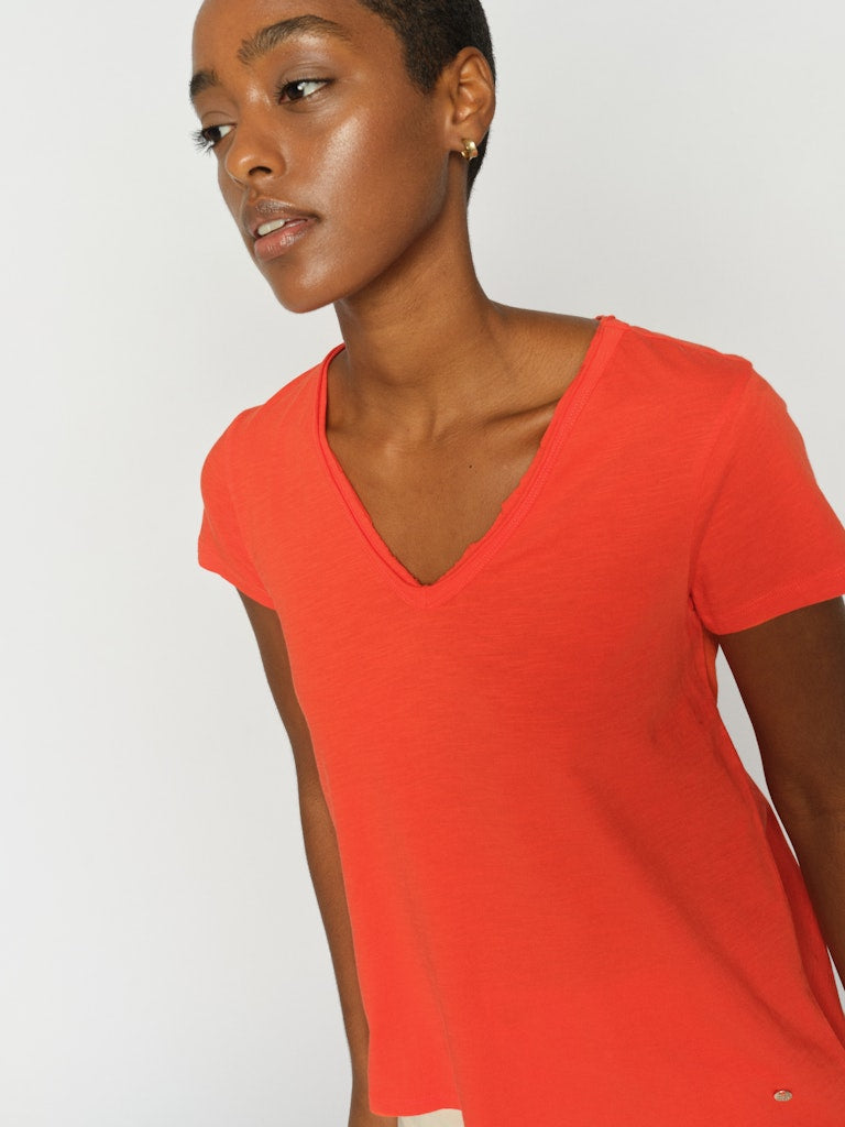Mos Mosh Tulli orange cotton V-neck T-shirt detail