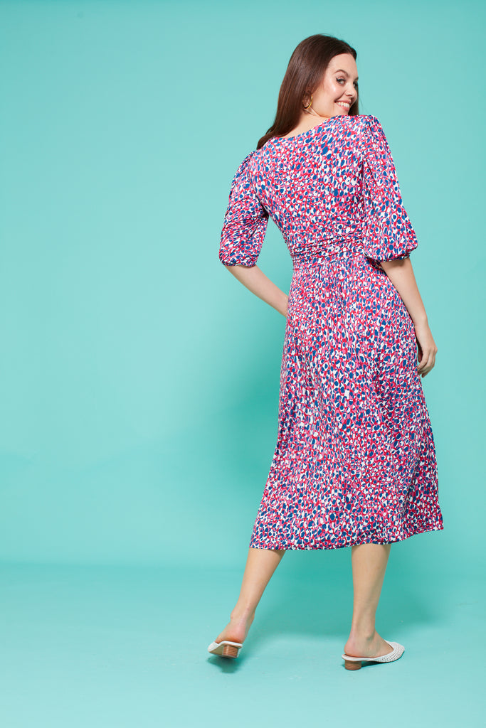 Onjenu Esme Pink V-Neck Dot Print Midi Dress From The Back