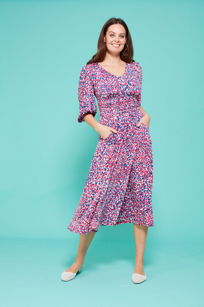 Onjenu Esme Pink V-Neck Dot Print Midi Dress With Pockets