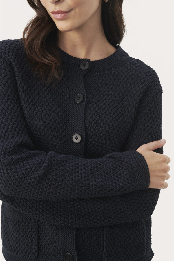 Part Two Elmie navy chunky knit cardigan with textured weave