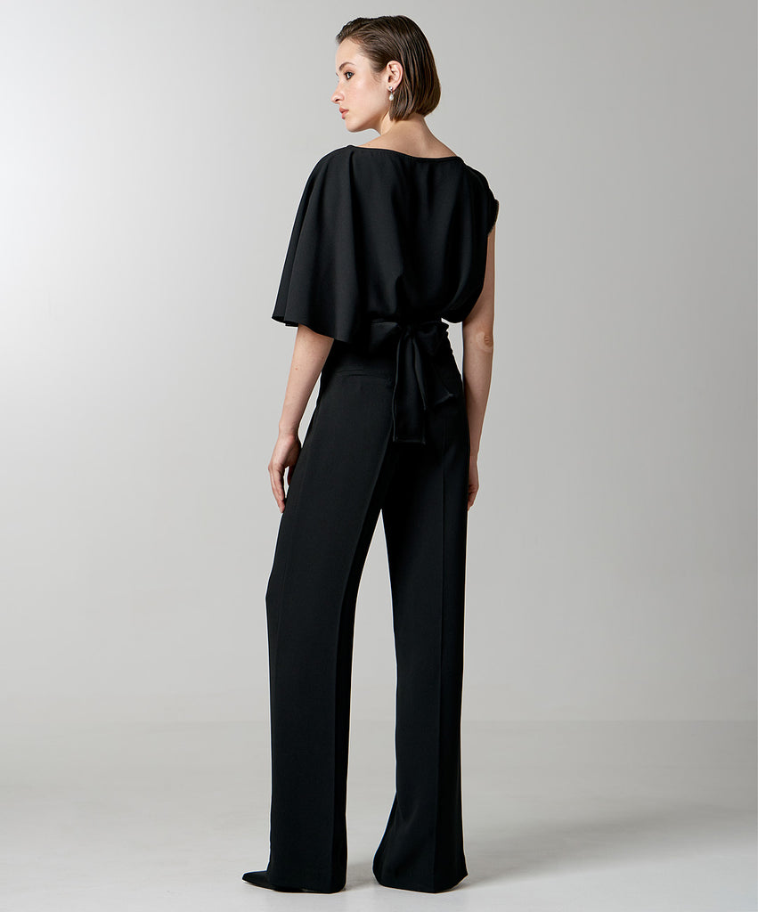 Access Fashion Black Rhinestone Asymmetric Sleeve Blouse From The Back