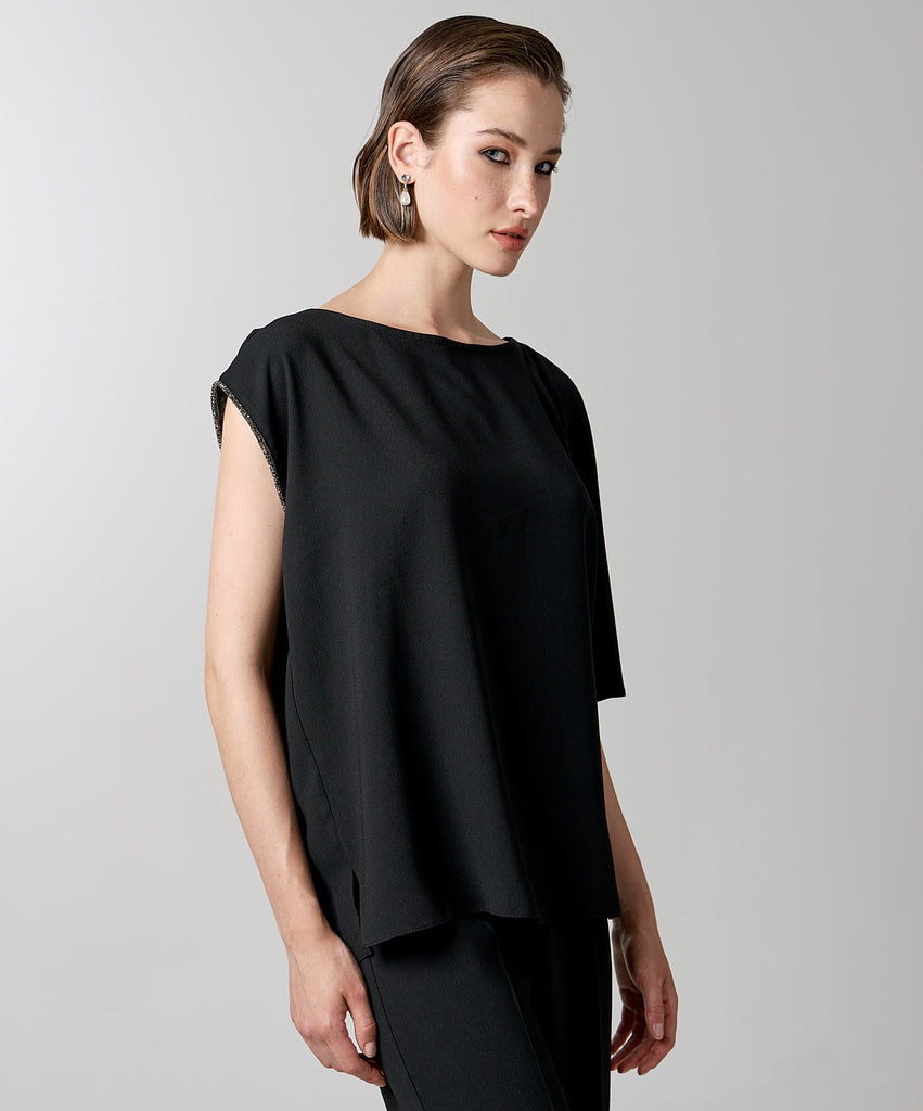 Access Fashion Rhinestone Asymmetric Sleeve Blouse In Black