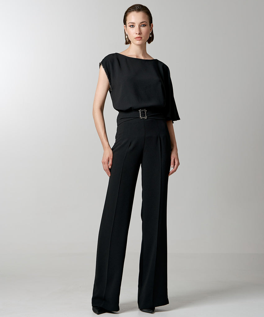 Access Fashion Black Rhinestone Asymmetric Sleeve Blouse