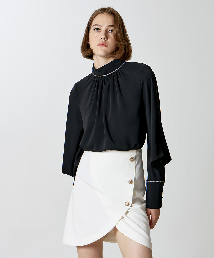 Access Fashion Rhinestone Detail Dolman Long Sleeve Black Dressy Top