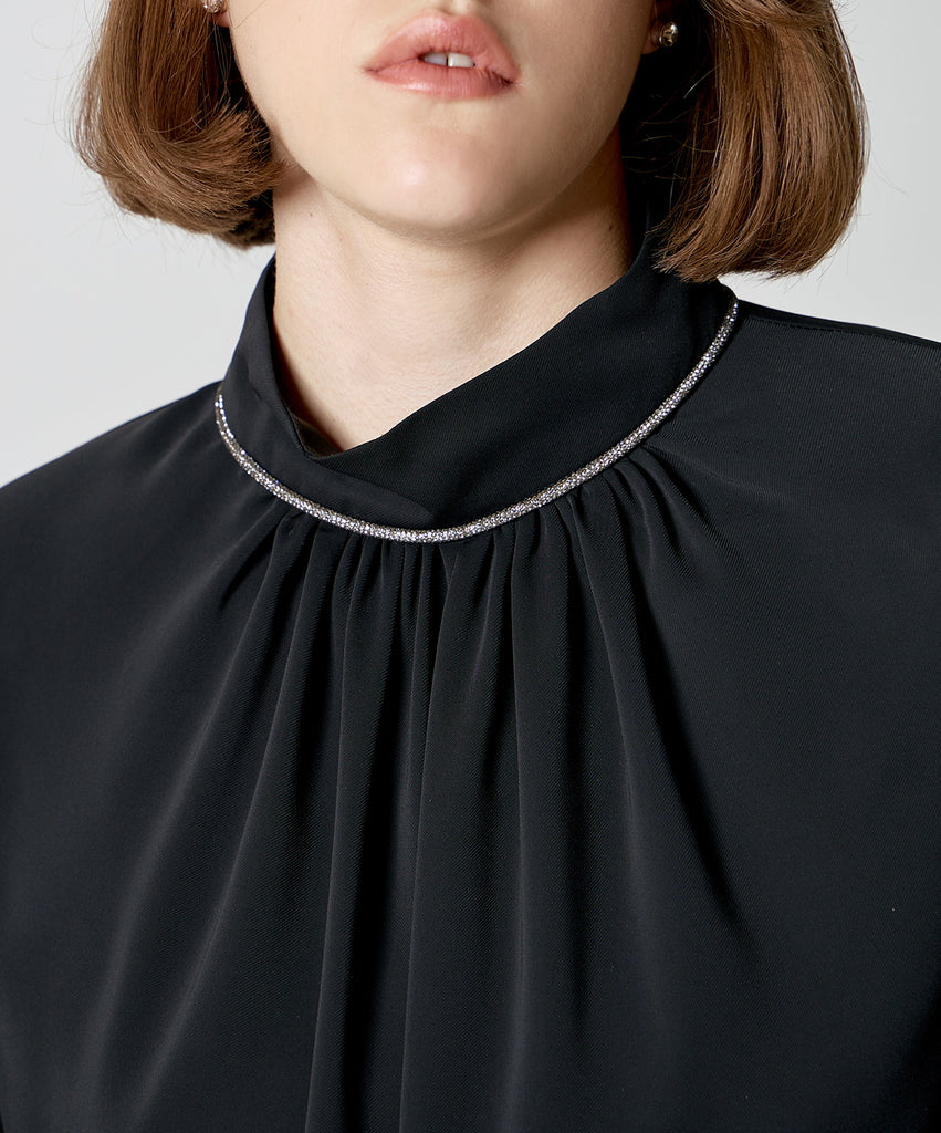 Access Fashion Rhinestone Detail Black Dolman Sleeve Blouse With High Neck