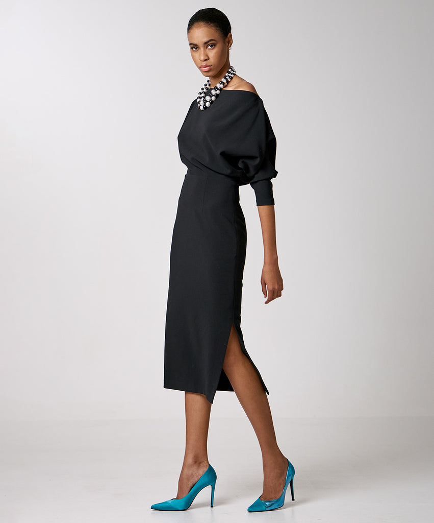 Access Fashion Black Boat Neck Midi Length Pencil Dress