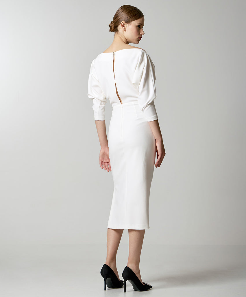 Access Fashion Boat Neck Midi Length Pencil Dress From Back - Cream