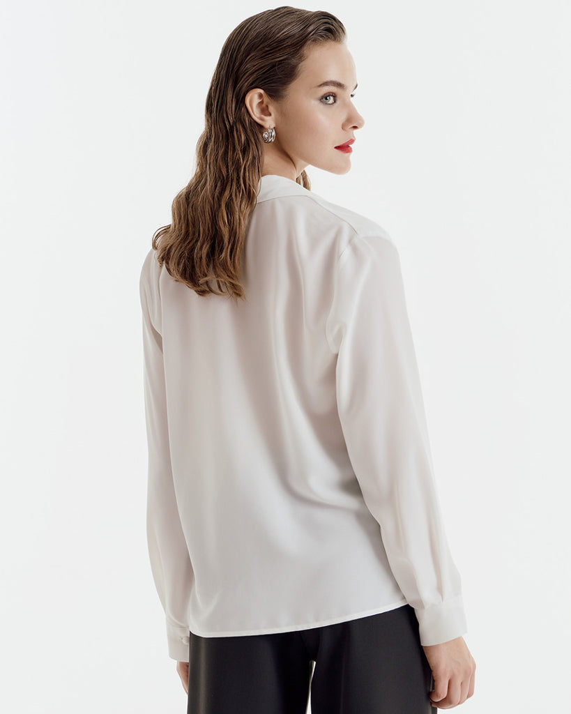 Access Fashion Draped White Top With Collar From Back 