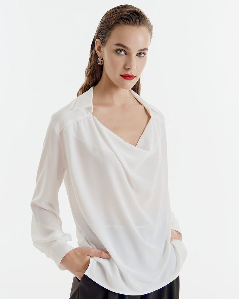 Access Fashion Draped White Blouse With Collar