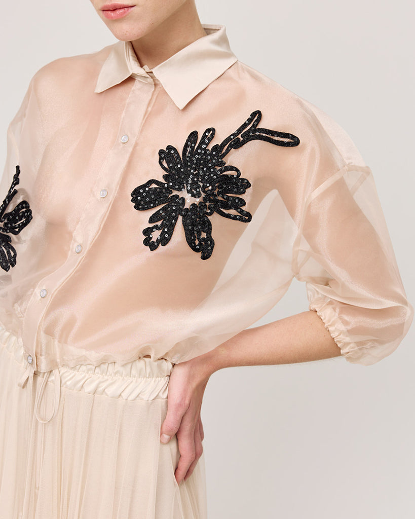 Access Fashion Cropped Chiffon Shirt With Embroidered Flowers