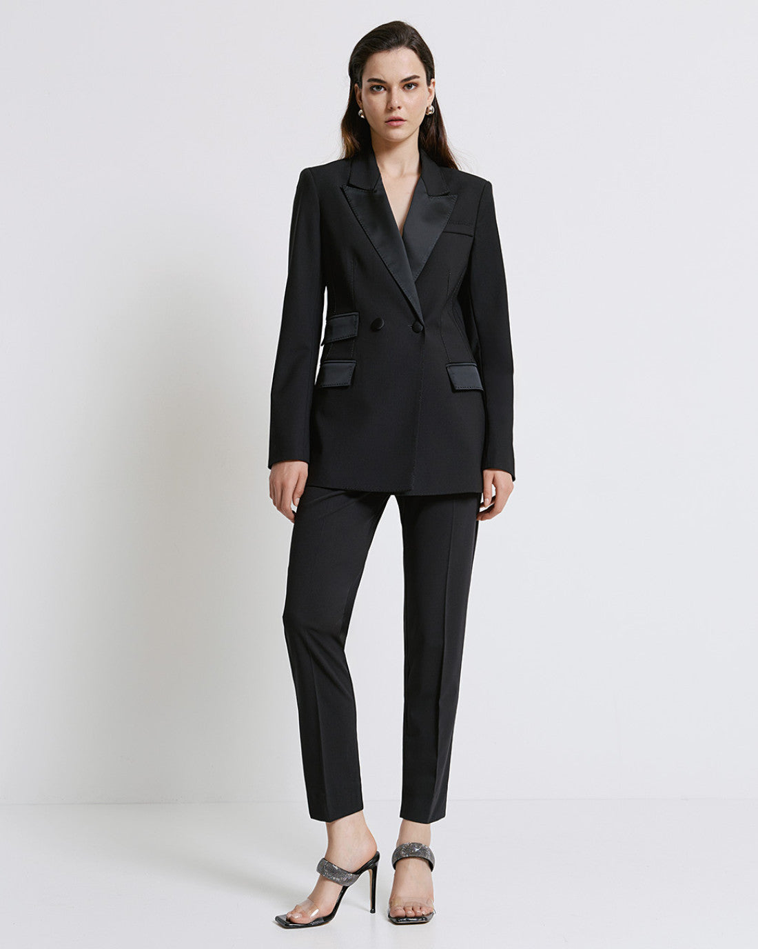 Access Fashion Longline Blazer With Satin Trim in Black 