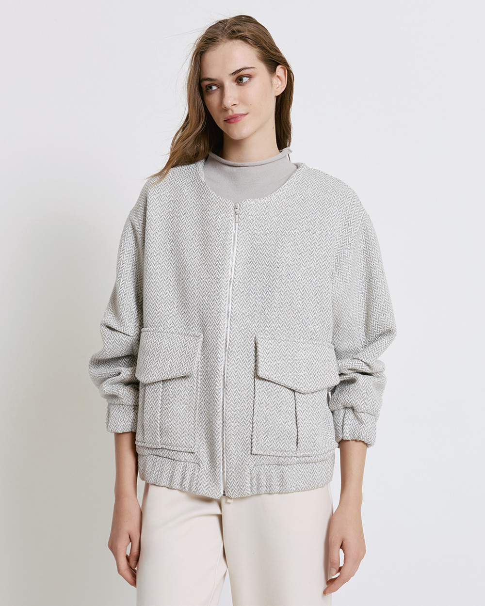 Access Fashion Herringbone Hooded Oversized Grey Bomber Jacket