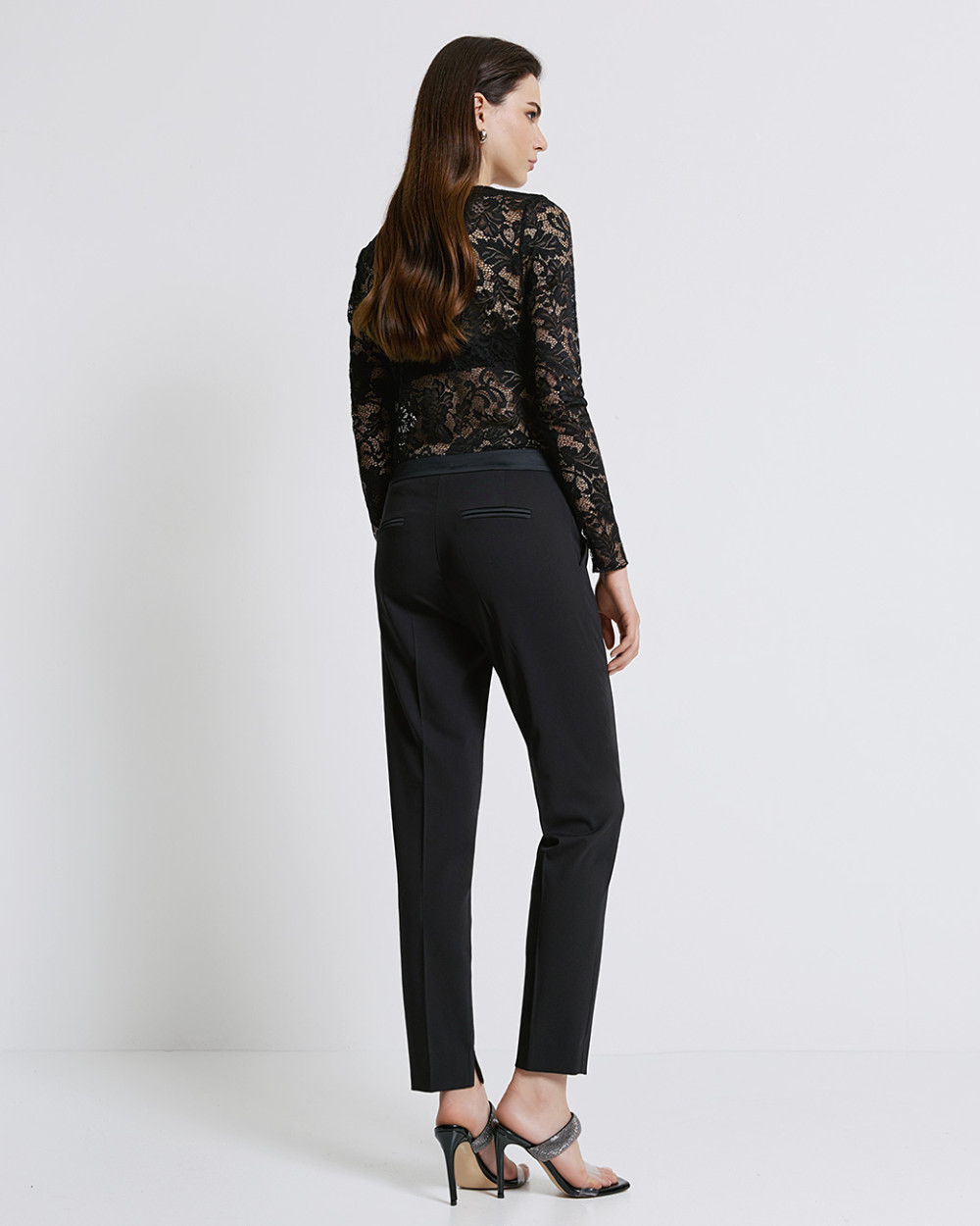 Access Fashion Black Satin Straight Leg Tailored Trousers From The Back 