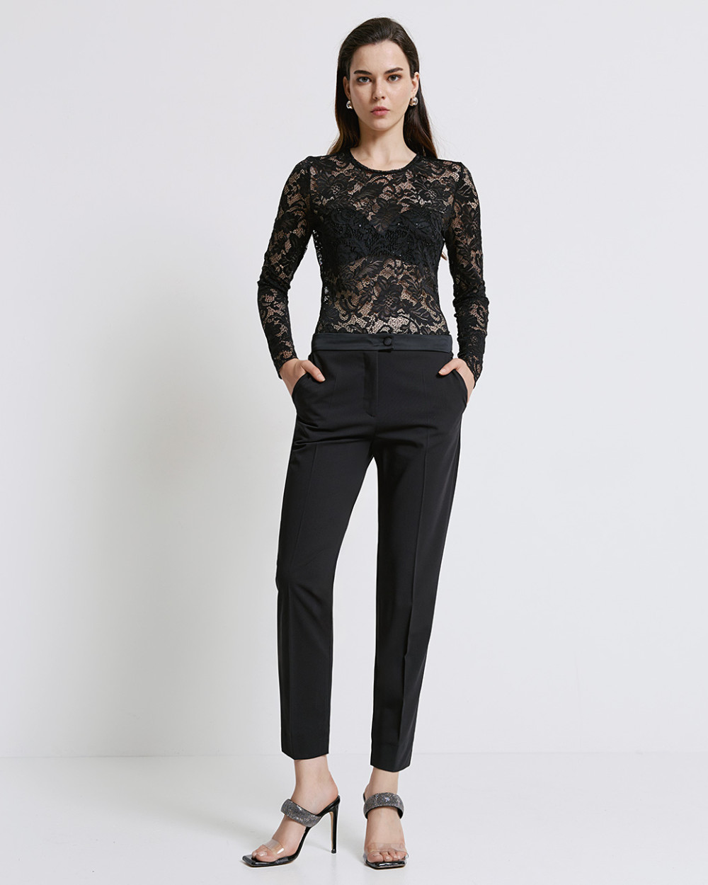 Access Fashion Straight Leg Tailored Trousers With Satin Details in Black 