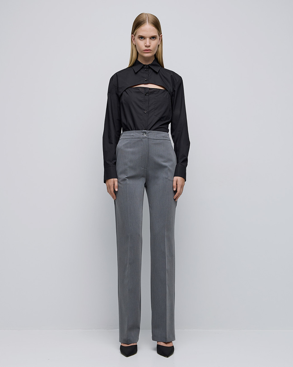 Access Fashion Grey Straight-leg Trousers With Elastic Back