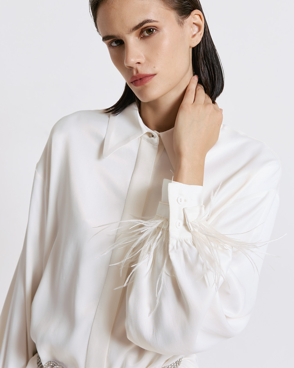 Access Fashion White Satin Shirt With Feather Cuffs