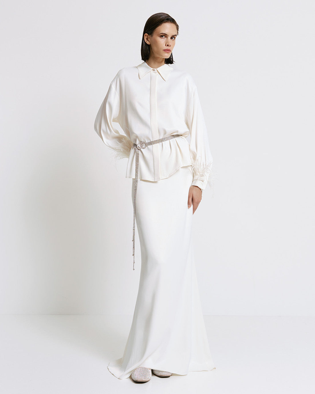 Access Fashion White Loose Fit Long Satin Shirt With Feather Cuffs