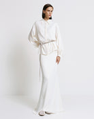 Access Fashion White Loose Fit Long Satin Shirt With Feather Cuffs