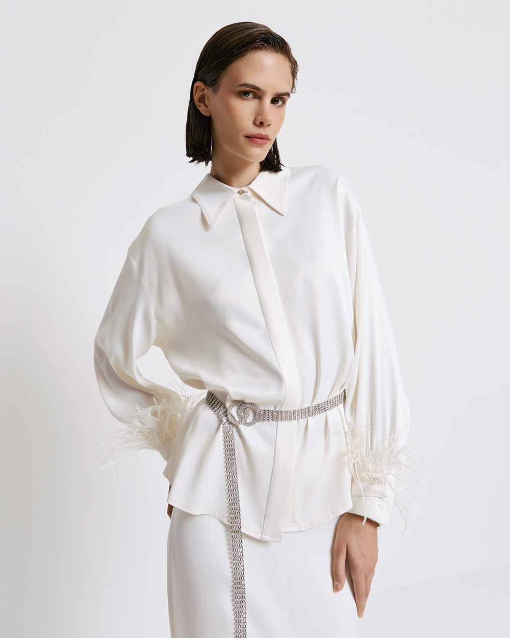 Access Fashion Off White Satin Shirt With Feather Cuffs