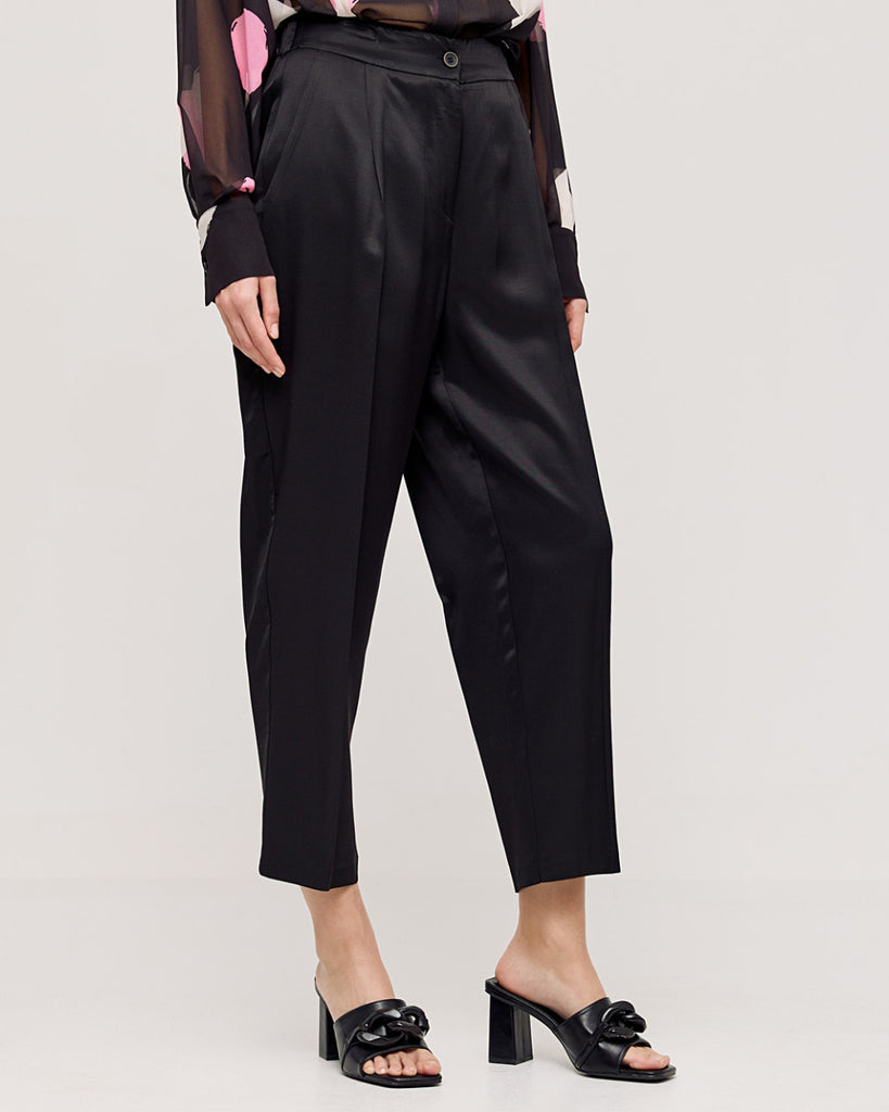 Access Fashion Black Silky Cropped Trousers With Pleats
