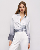 Access Fashion Gradient satin wrap shirt in grey ombré with wide cuffs and tie waist