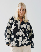 Oui V-neck black floral blouse with band collar and wide sleeves