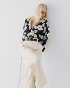 Access Fashion black semi-sheer floral shirt with cream oversized print