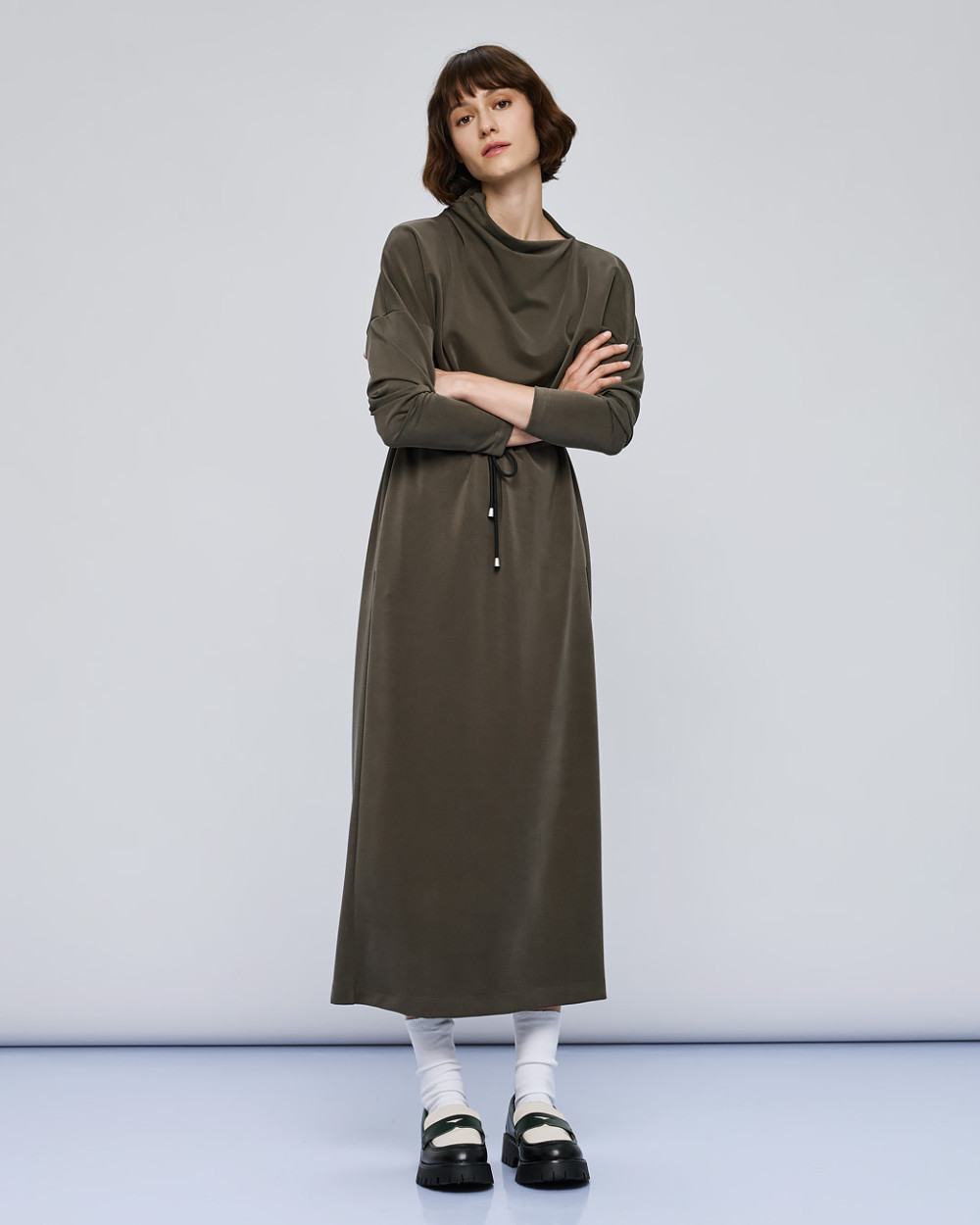 Access Fashion long khaki drawstring dress with relaxed long sleeves, side front angle