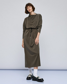 Access Fashion long khaki dress with elastic waistband and straight skirt, front view
