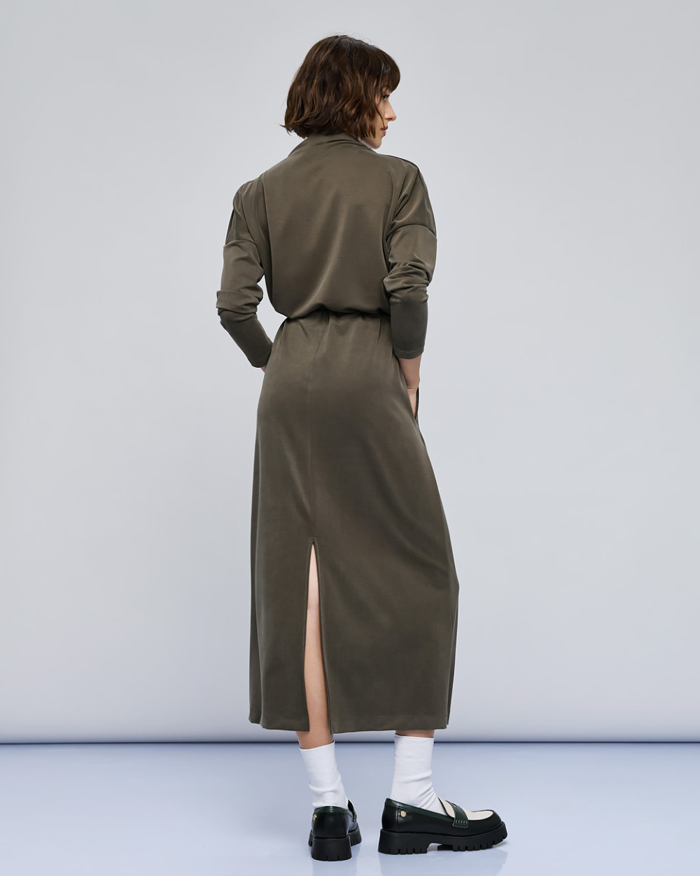 Access Fashion long khaki dress with drawstring waist and back slit, rear view
