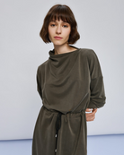 Access Fashion khaki dress close up of draped turtleneck and drawstring waist detail