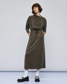 Access Fashion long khaki dress with draped turtleneck and drawstring waist, full front view