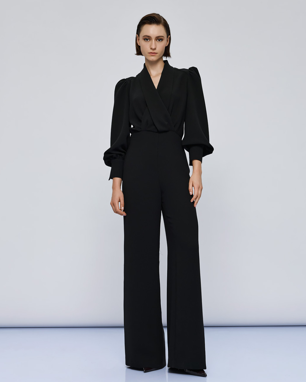 Access Fashion Black Puff Sleeve Jumpsuit full length front view with wide leg and puff sleeves.