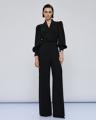 Access Fashion Black Puff Sleeve Jumpsuit full length front view with wide leg and puff sleeves.