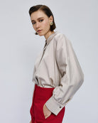 Side view of Access Fashion cream shirt with gathered cuff