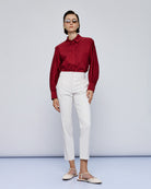 Access Fashion red puff sleeve shirt with white trousers and flats