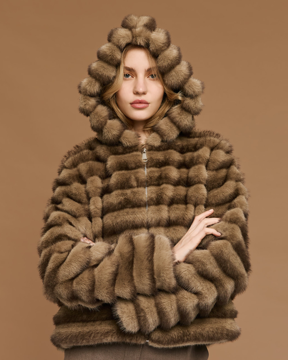Access Fashion short faux fur hooded jacket front view on model in brown striped faux fur
