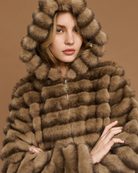 Access Fashion faux fur jacket close front view with hood up and textured stripes