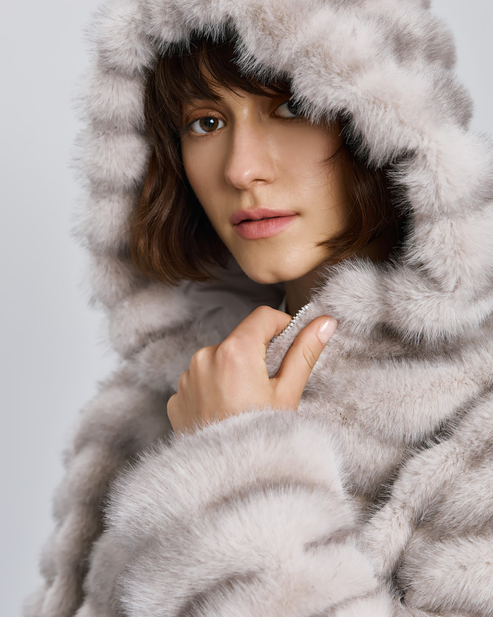 Access Fashion grey hooded faux fur jacket – close front view with zipped closure