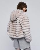 Access Fashion grey faux fur jacket with hood – back view showing striped texture.