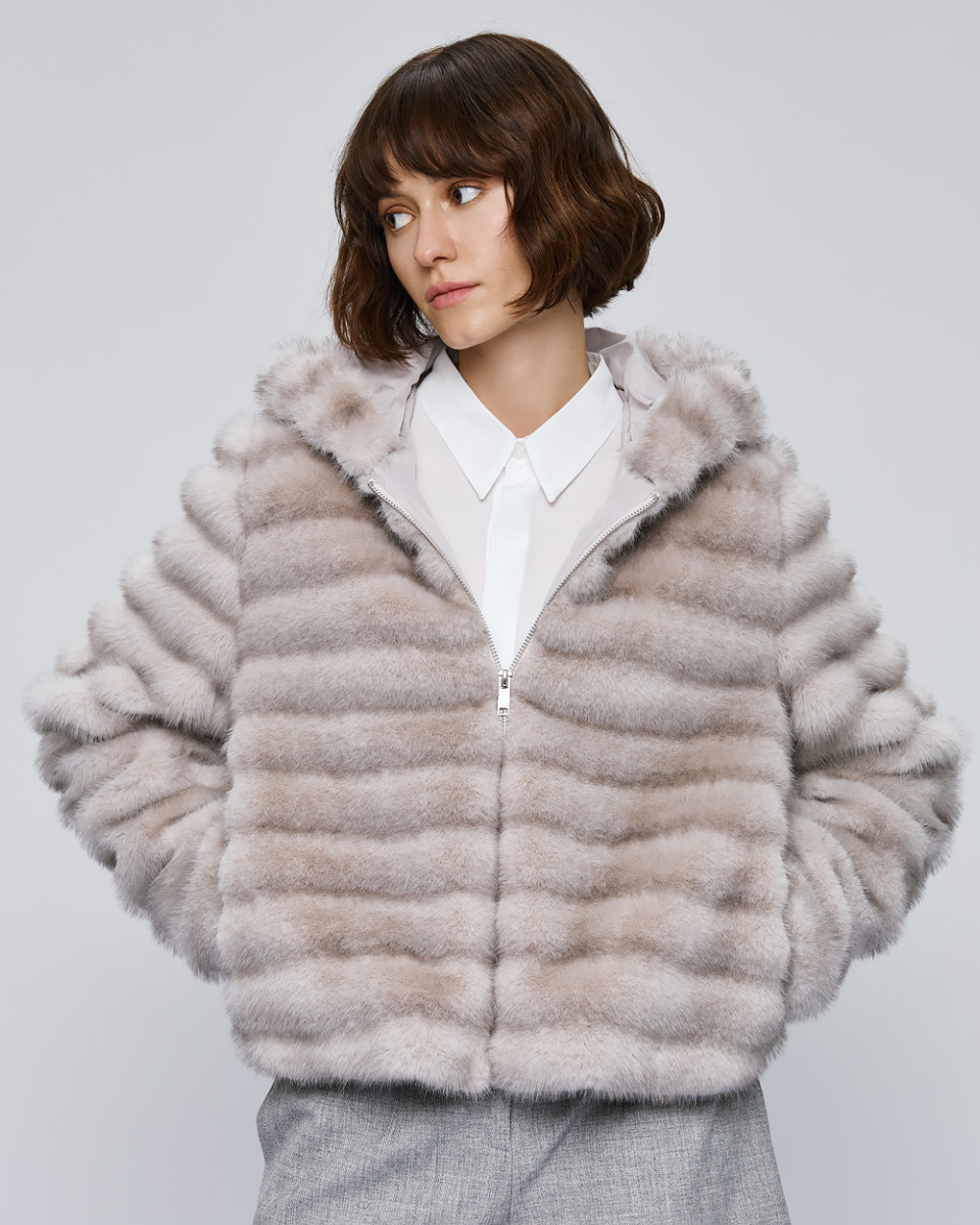 Access Fashion grey faux fur jacket – textured striped faux fur in soft grey.