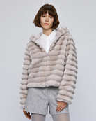 Access Fashion grey faux fur jacket with hood – front view worn with white shirt