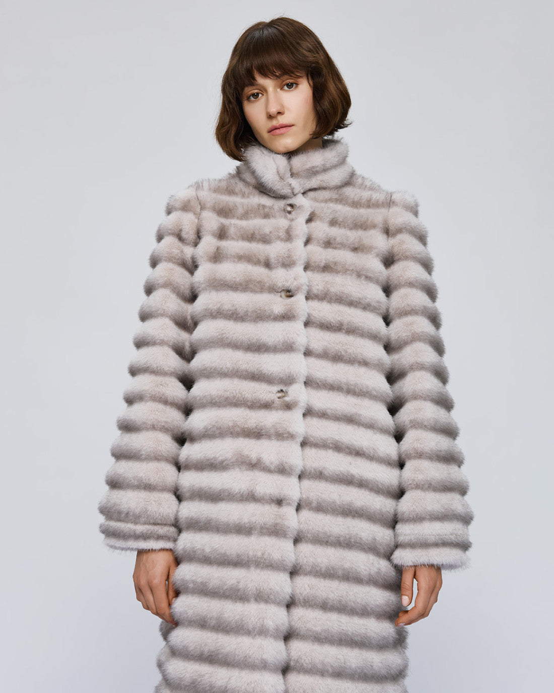 Access Fashion long grey faux fur coat front view, high neckline and striped faux fur texture
