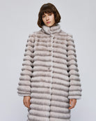 Access Fashion long grey faux fur coat front view, high neckline and striped faux fur texture