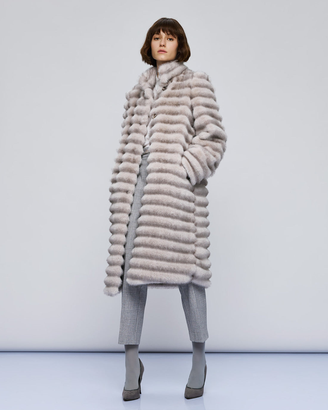 Access Fashion long grey faux fur coat full length on model, relaxed straight silhouette