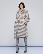 Access Fashion long grey faux fur coat full length on model, relaxed straight silhouette