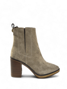 Side view of Alpe suede ankle boots in sand colour with elasticated panels